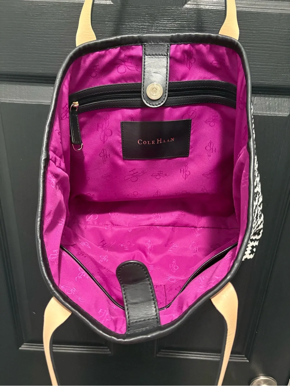 🖤 COLE HAAN Eloise Woven Tote with Magenta Interior
